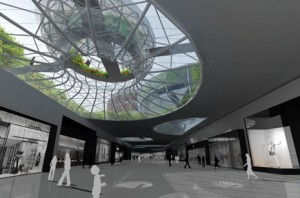 Greenhouses on roof and edge of the Northwest Arkansas Mall optimize district-based energy storage and exchange, meanwhile creating a civic landmark for uptown Fayetteville.